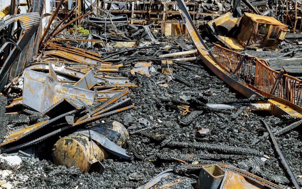 Post woolsey fire in near residential buildings fire burnt landscape in California USA